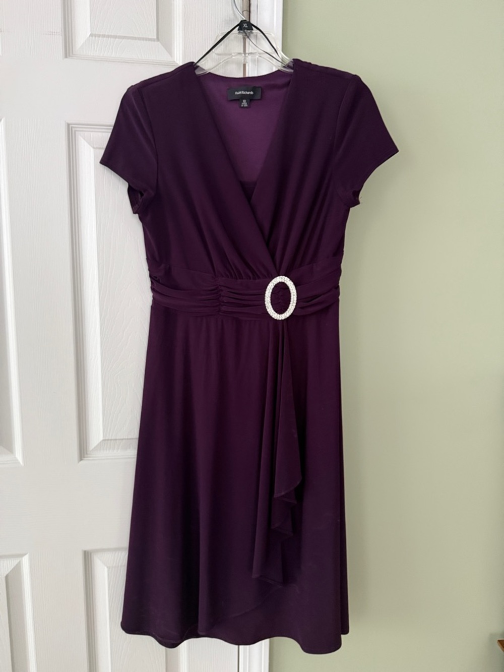 R & M Richards Deep Plum Short-Sleeve Faux-Wrap Dress with Decorative Buckle